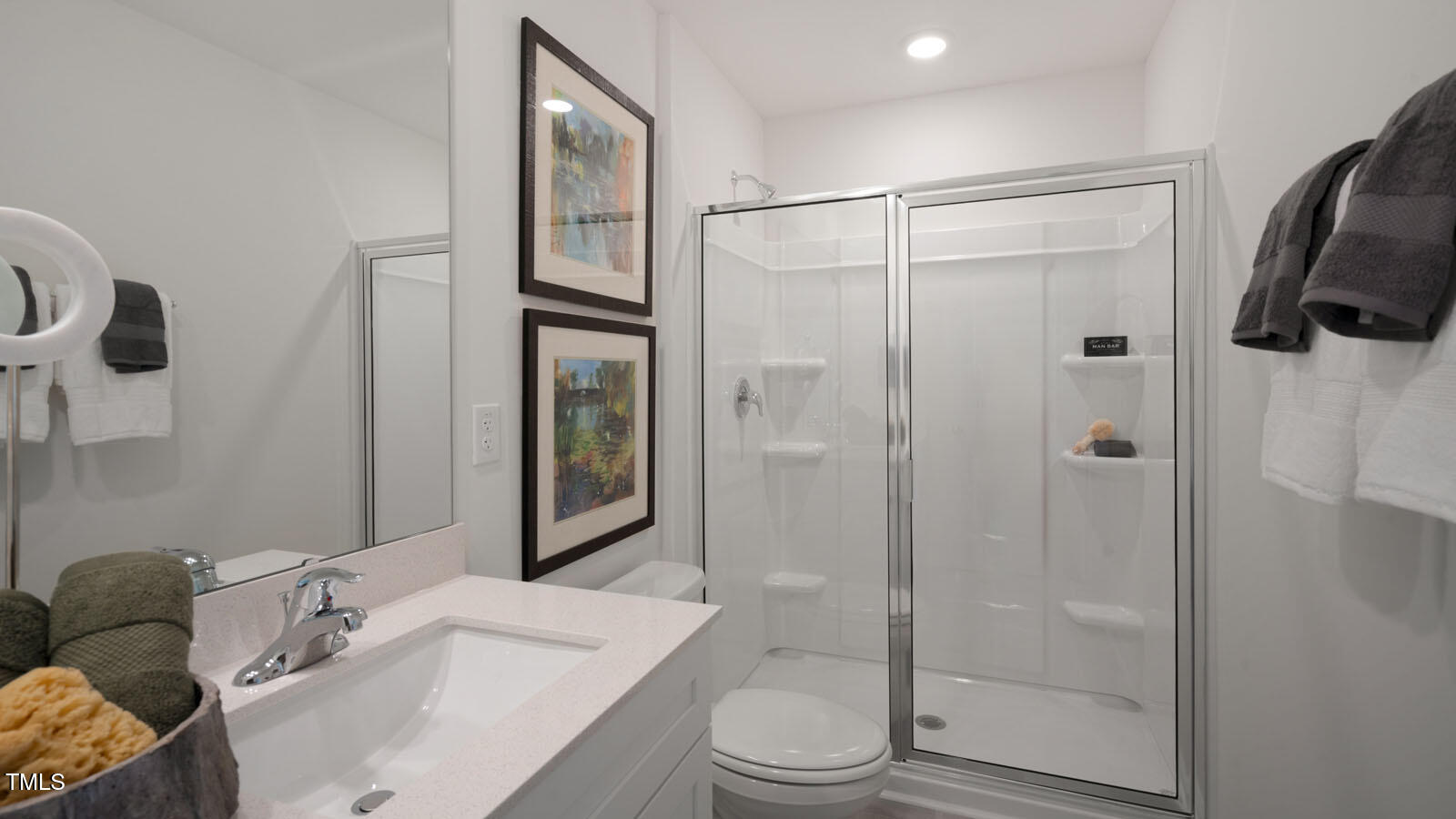 5233 Red Crimson Drive Willow Spring, NC 27592 - Photo 26 of 35 a bathroom with a granite countertop sink a toilet and shower