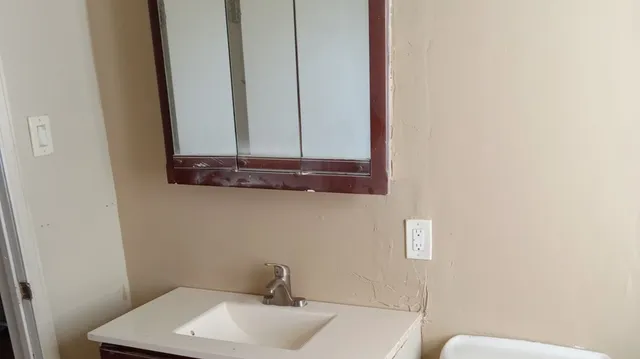a bathroom with a sink and a mirror