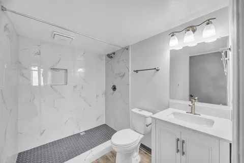 a bathroom with a sink a toilet and shower