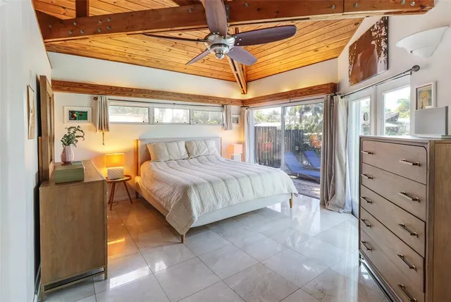 a spacious bedroom with a bed and a large window with the outer view