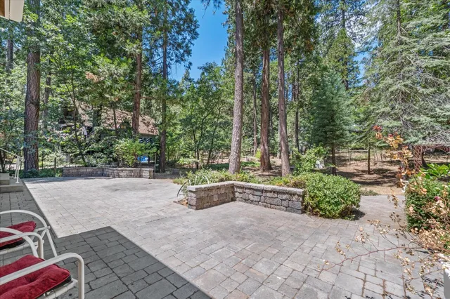 a view of a house with lots of plants and large trees