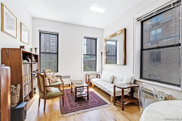 a living room with furniture a rug and a window
