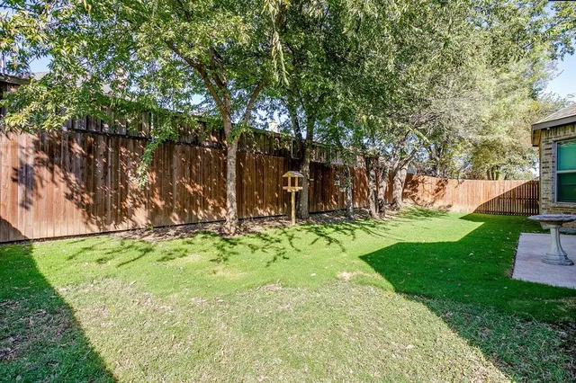 a view of a park with large trees