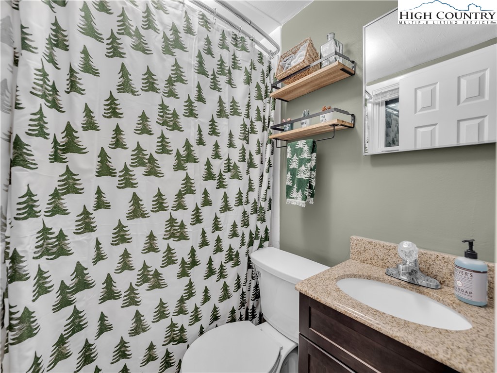 404 Charter Hills Road Beech Mountain, NC 28604 - Photo 30 of 36 a bathroom with a granite countertop sink and a toilet