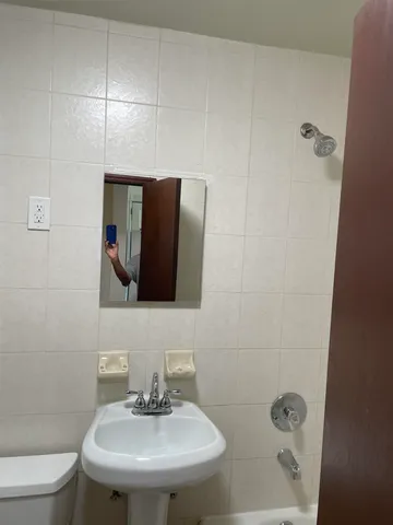 a bathroom with a sink a toilet and mirror