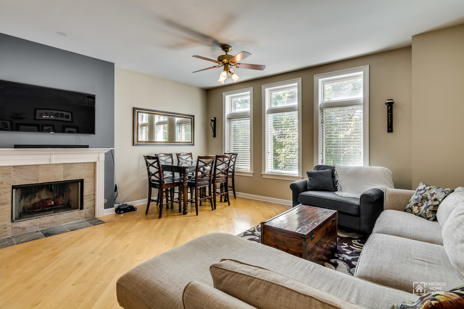 2128 West Walton Street, Unit 2E Chicago, IL 60622 - Photo 3 of 23 a living room with furniture a flat screen tv and a fireplace