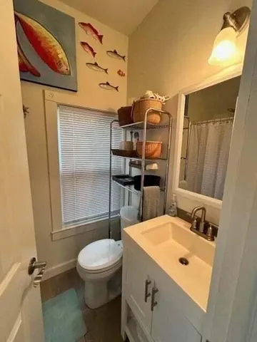 a bathroom with a shower curtain and a sink