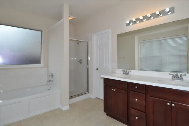 a bathroom with a tub a double vanity sink and a mirror