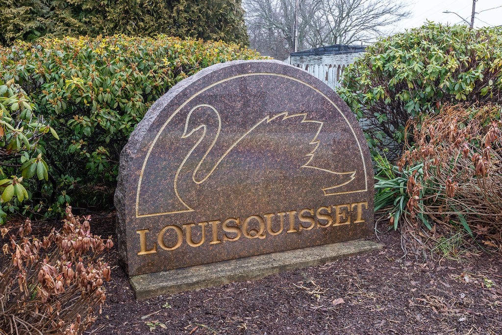 a view of outdoor space with signage and flags