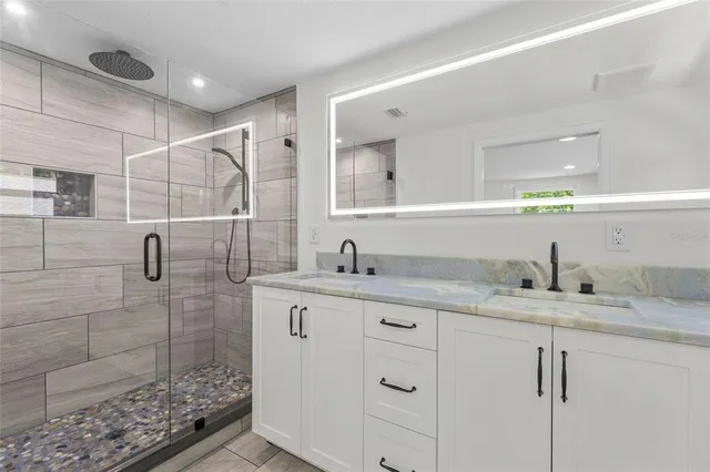 a bathroom with a granite countertop sink a mirror and shower