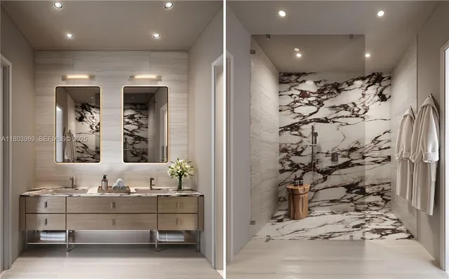 a bathroom with glass door shower and a sink