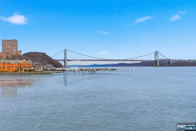 a view of an ocean with boats and trees in the background