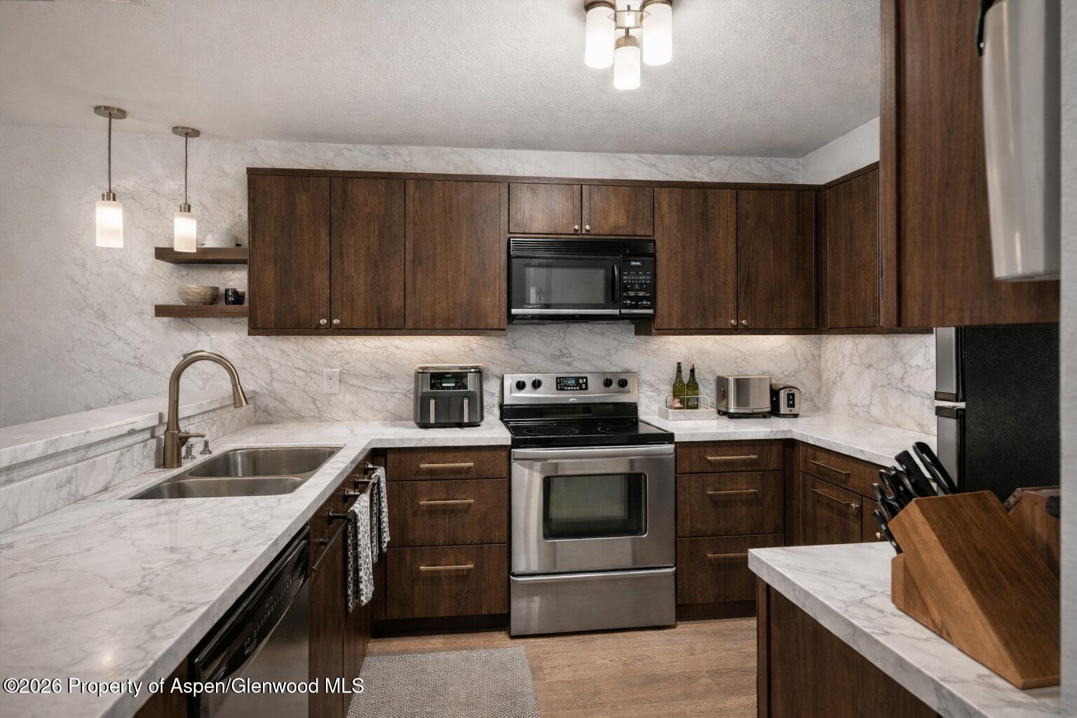 323 Park Avenue, Unit G2 Basalt, CO 81621 - Photo 2 of 25 a kitchen with stainless steel appliances granite countertop a sink stove and microwave