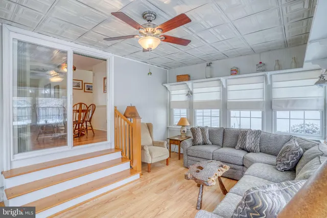 a living room with furniture a ceiling fan and a window