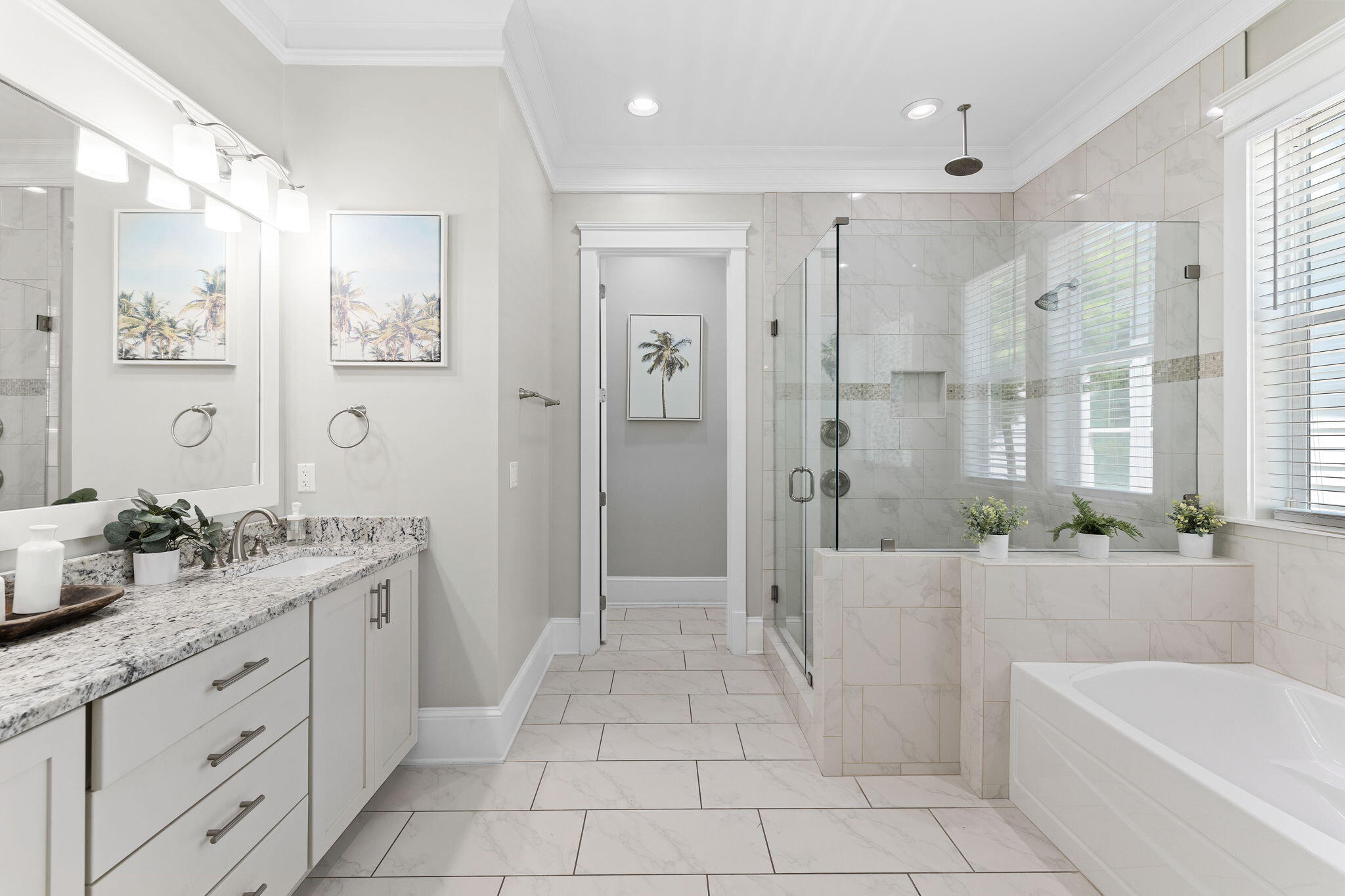 19 West Chester Street Inlet Beach, FL 32461 - Photo 18 of 49 a bathroom with a granite countertop sink a large mirror a shower and a bathtub
