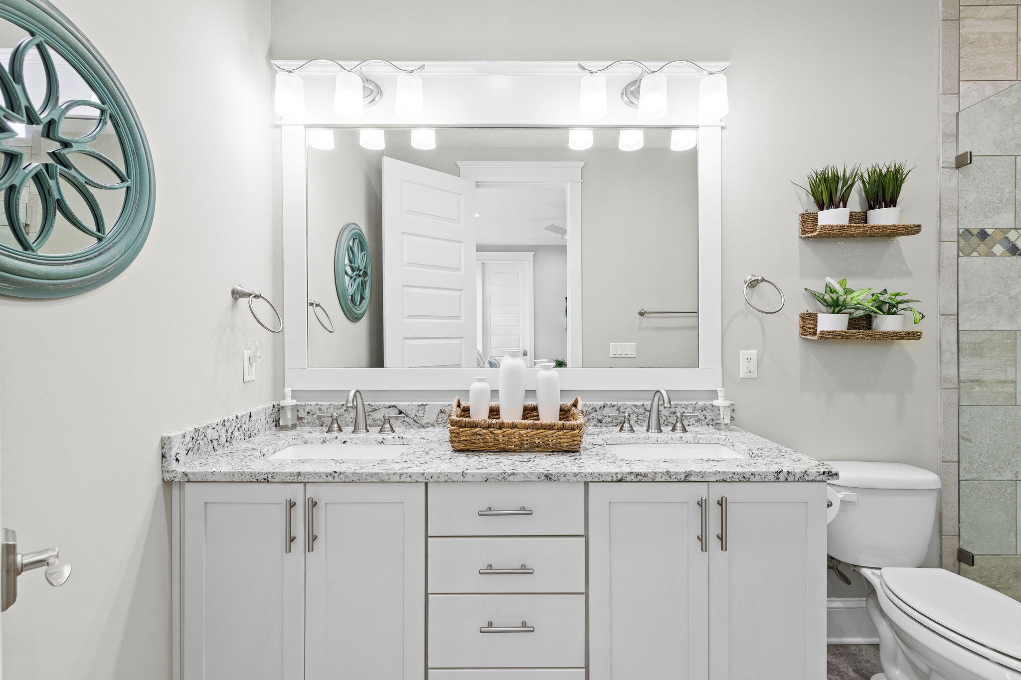 19 West Chester Street Inlet Beach, FL 32461 - Photo 28 of 49 a bathroom with a granite countertop sink and a mirror
