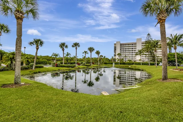 a view of a lake with a building in the background