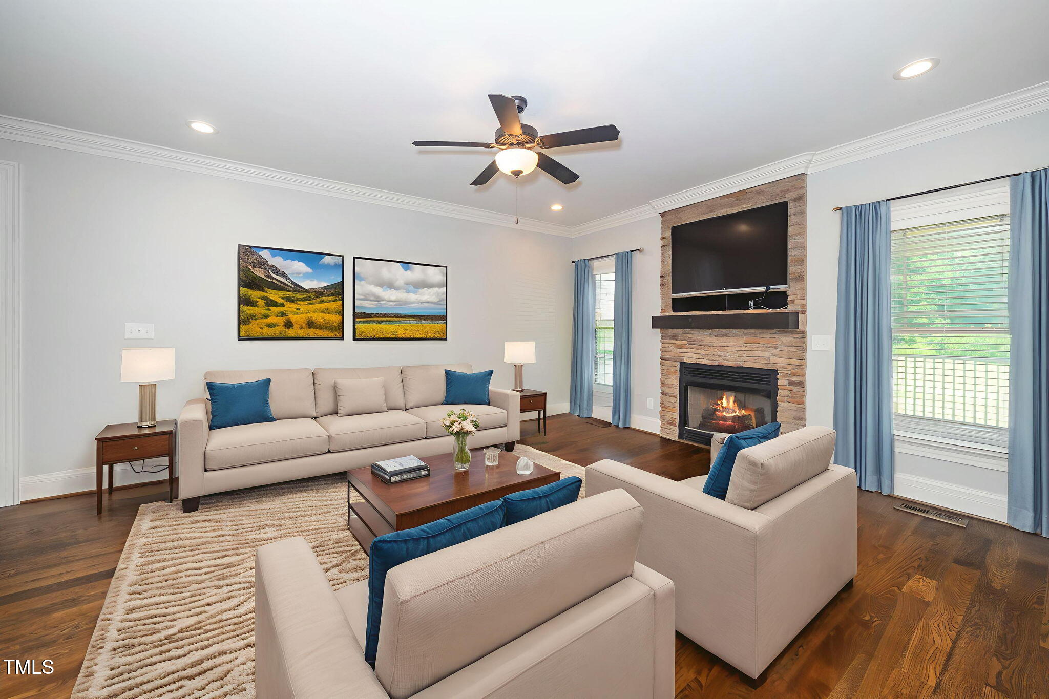 6737 Dwight Rowland Road Willow Spring, NC 27592 - Photo 10 of 50 a living room with furniture a fireplace and a flat screen tv