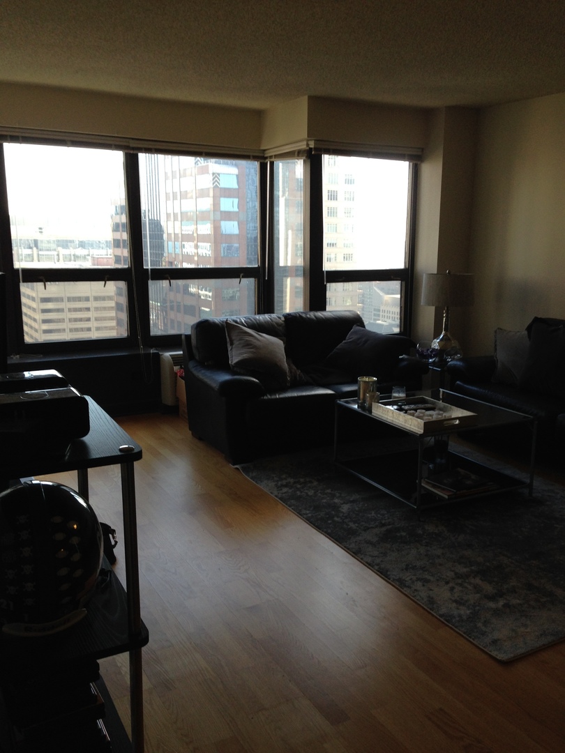 30 East Huron Street, Unit 3901 Chicago, IL 60611 - Photo 3 of 13 a living room with furniture and a floor to ceiling window