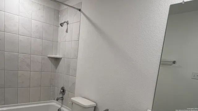 a bathroom with a shower and toilet