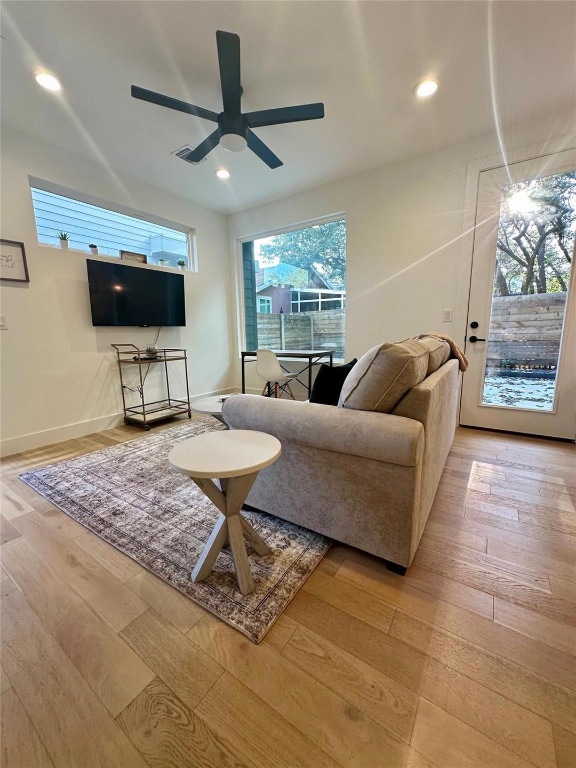 3417 Elija Street, Unit 2 Austin, TX 78745 - Photo 3 of 28 Living area featuring light wood-type flooring, recessed lighting, and a ceiling fan