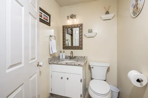 a bathroom with a toilet sink and mirror