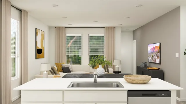 a living room with furniture and a potted plant