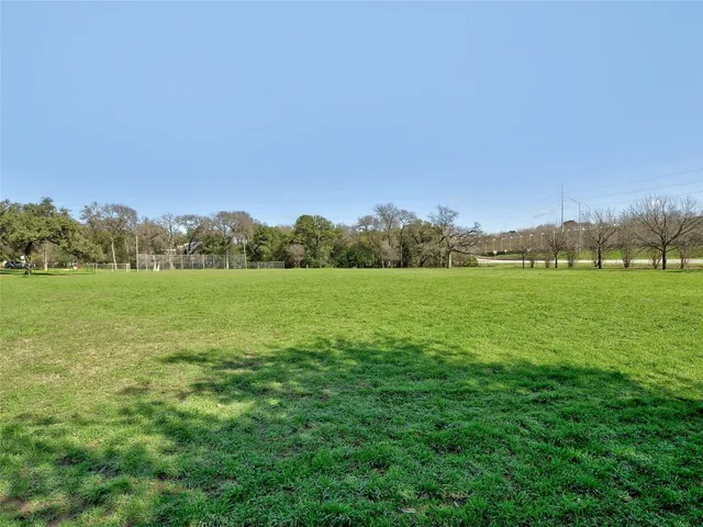 a view of a grassy field with trees