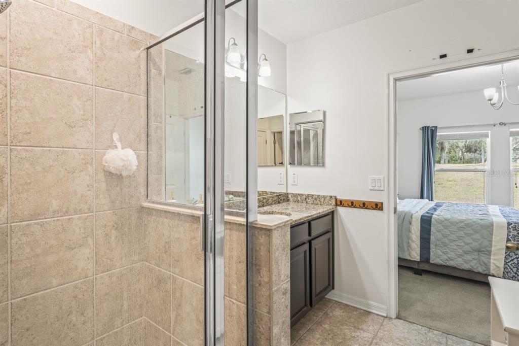 571 Old Windsor Way Spring Hill, FL 34609 - Photo 25 of 61 a bathroom with a granite countertop sink a mirror and shower