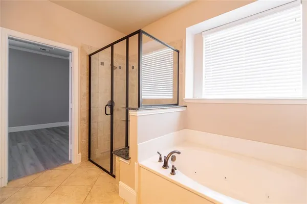 a bathroom with a bathtub and a shower