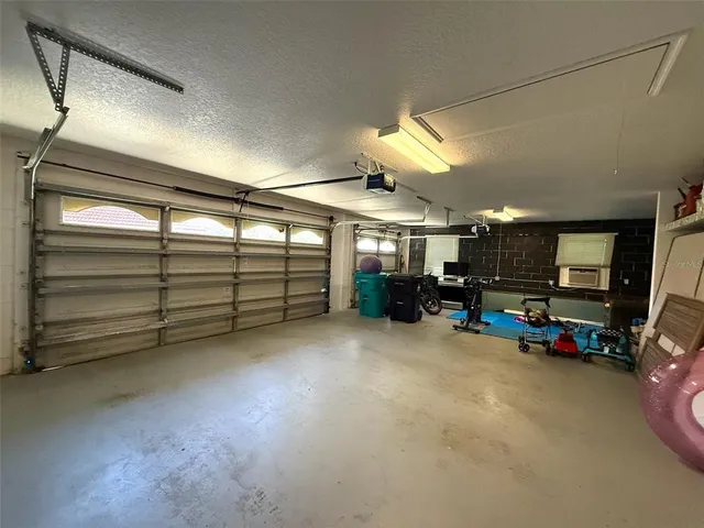a view of a garage with a large window
