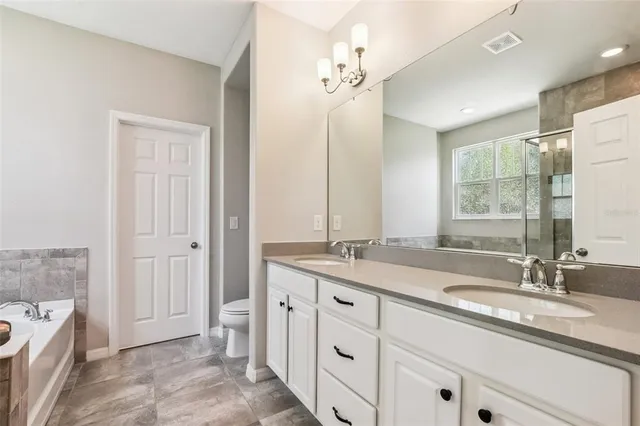 a bathroom with a granite countertop sink double vanity and a mirror