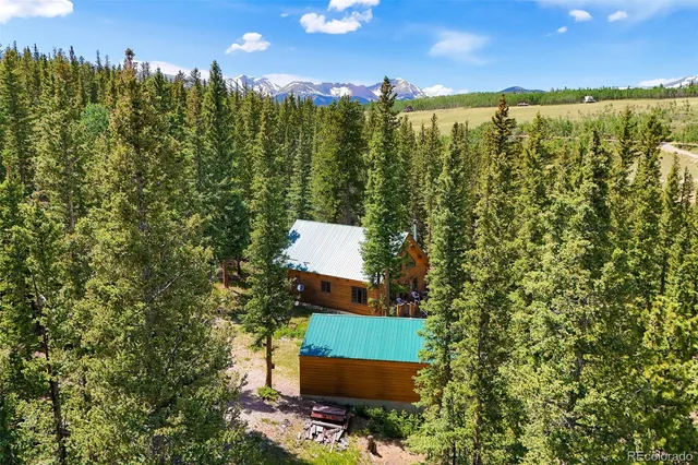 an aerial view of a house with a yard and trees