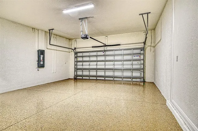 a view of a garage with stairs