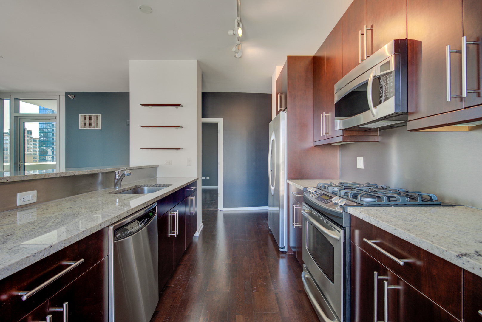 123 South Green Street, Unit 803B Chicago, IL 60607 - Photo 8 of 32 a kitchen with stainless steel appliances granite countertop a stove a sink and a microwave