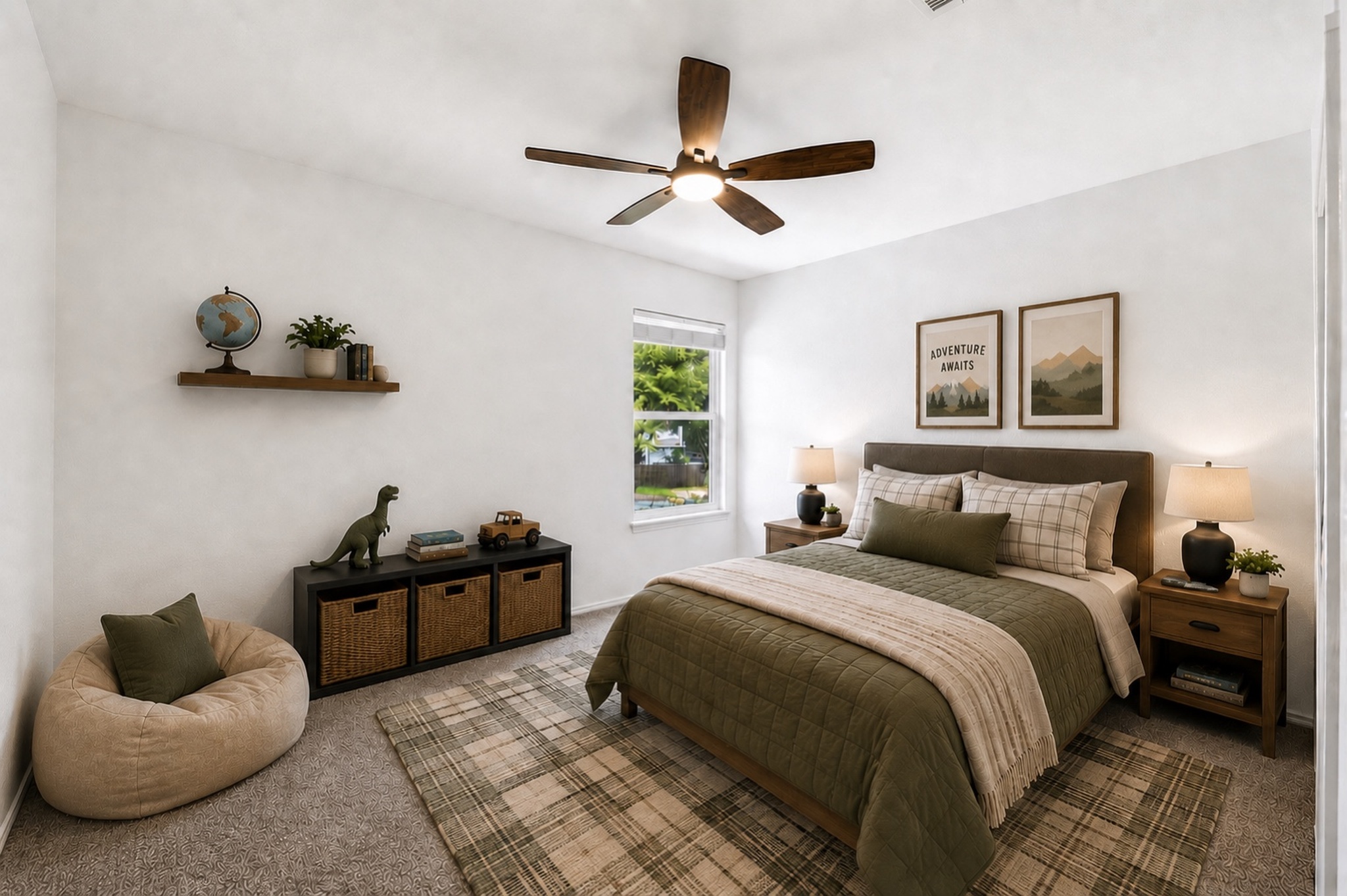 1801 Monks Tale Court Austin, TX 78748 - Photo 21 of 36 An inviting bedroom features a wooden ceiling fan and ample natural light from a well-placed window.