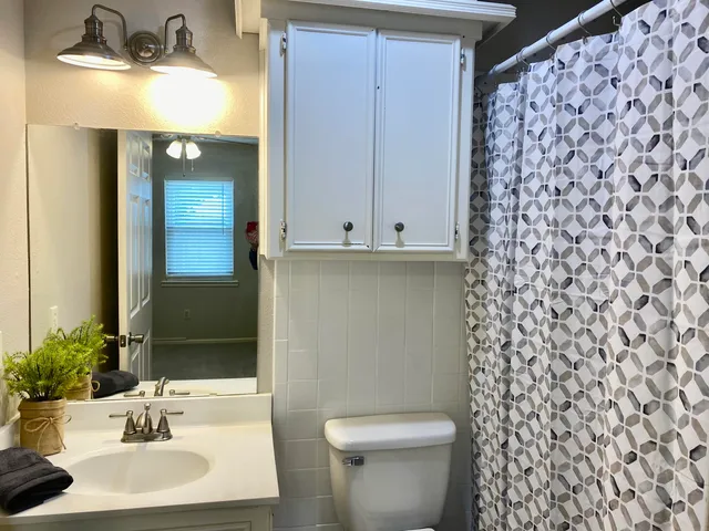 a bathroom with a sink toilet and mirror