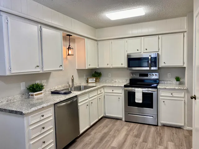 a kitchen with stainless steel appliances granite countertop a stove a sink and white cabinets