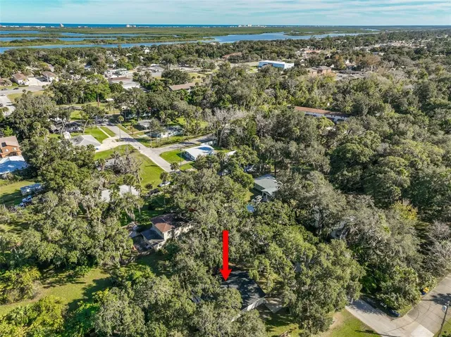 an aerial view of residential houses with outdoor space and trees