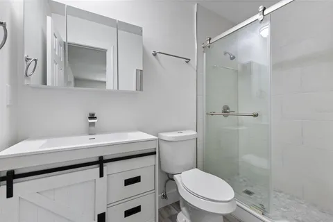 a bathroom with a sink toilet vanity and shower