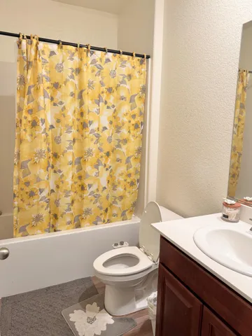 a bathroom with a sink a toilet and shower curtain