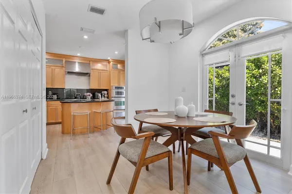 a view of a dining room with furniture window and outside view