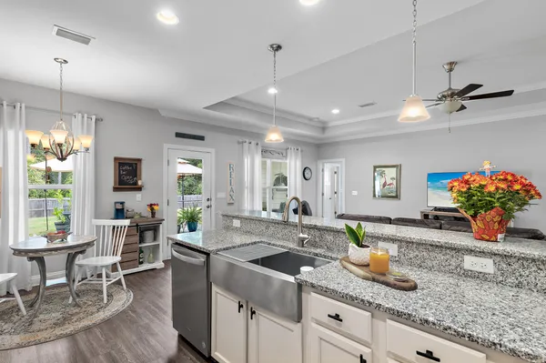 a view of a kitchen and living room
