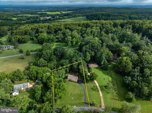 an aerial view of residential houses with outdoor space and trees