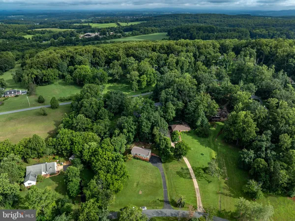 an aerial view of residential houses with outdoor space and trees