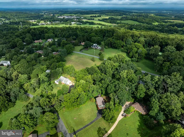 an aerial view of residential houses with outdoor space and trees