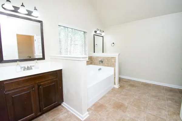 a bathroom with a tub sink and mirror