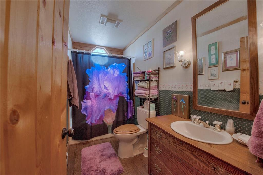468 Wagon Wheel Road Hartsel, CO 80449 - Photo 21 of 30 a bathroom with a sink toilet mirror and shower