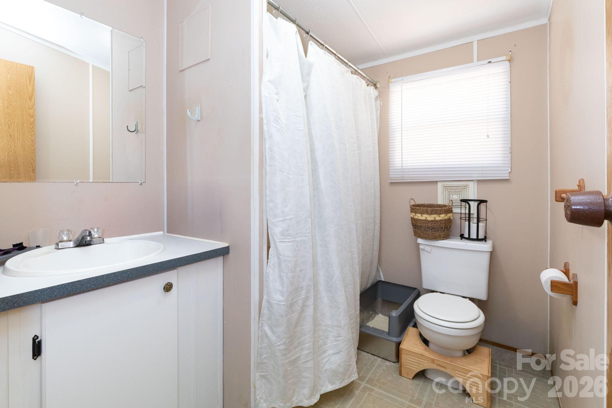 143 Hubert McCall Drive Balsam Grove, NC 28708 - Photo 13 of 21 a bathroom with a granite countertop sink toilet a mirror and a shower