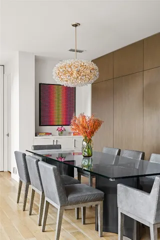 a view of a dining room with furniture